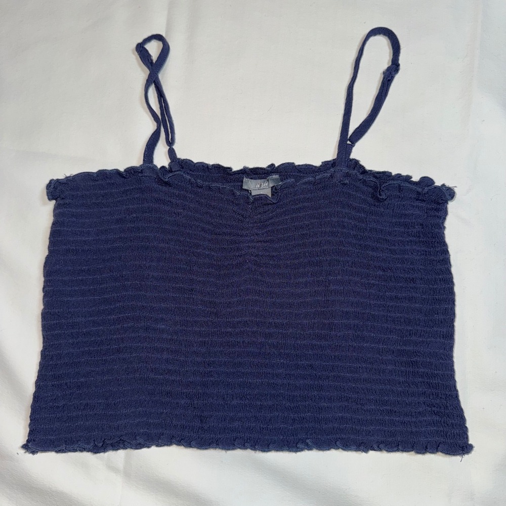 Aerie Navy Blue Smocked Cami‎ Top Small Lettuce Edge Adjustable Straps Cropped